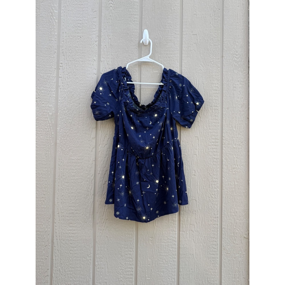 Bloomchic 12 Top Celestial Moon Stars Navy Blue Rayon Off Shoulder Ruffle